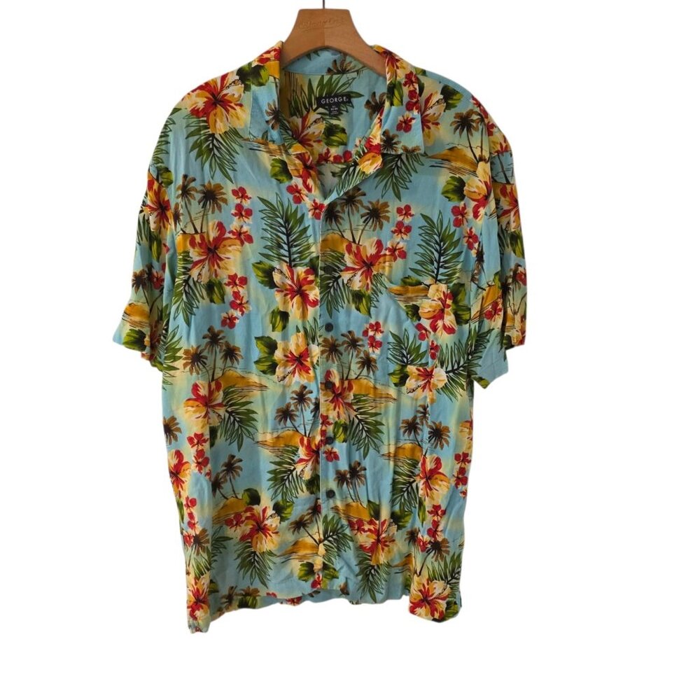 George Hawaiian Shirt Rayon Button Up Blue Floral Hibiscus Tropical Island Large